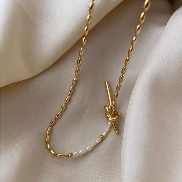 Jewelry - Gold Pearl Knots Chain Necklace, 18k Gold and 925 Sterling Silver